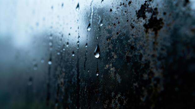 Water droplets cling to a textured, dark surface against a blurred, cool toned background. photo