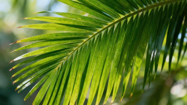 Sunlight illuminates a lush green palm frond with droplets of moisture clinging to the leaflets photo