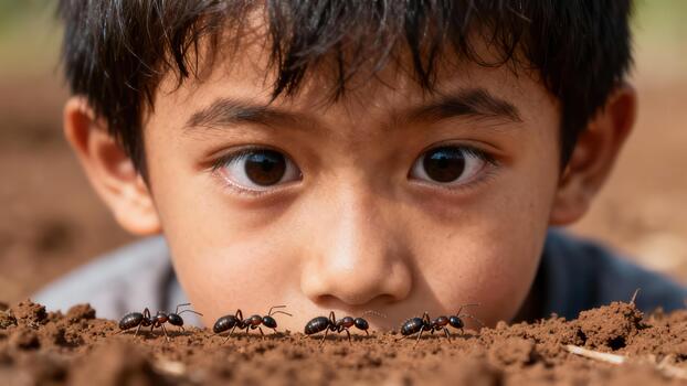 Young child keenly observes several ants crawling across brown soil surface photo
