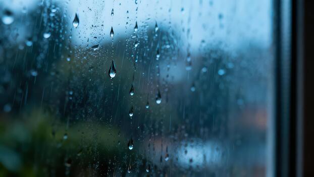 Many clear water drops cling to a window pane during a moody downpour photo