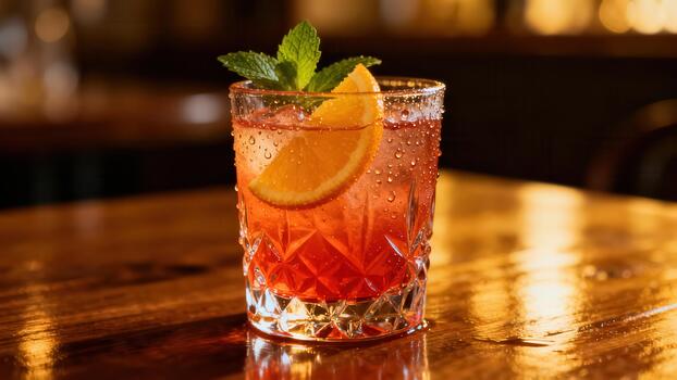 enfriado rubí de colores bebida adornado con agrios y menta descansa sobre un pulido de madera superficie. foto