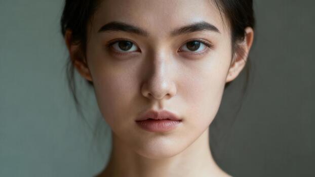 Close up portrait captures serene expression of young woman with flawless complexion photo
