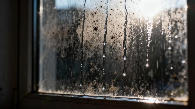 Condensation streams down a dirty pane of glass illuminated by bright sunlight photo