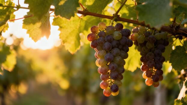 Ripe clusters of multicolored grapes hang from a vine backlit by the setting sun in a vineyard. photo