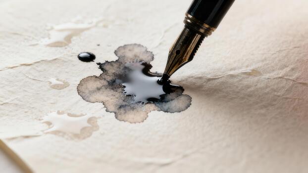 Fountain pen nib creates a spreading pool of dark liquid on textured writing material photo