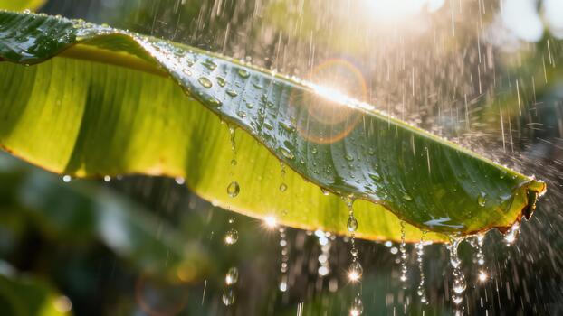 Clear droplets of water cascade from the curved edge of a large tropical leaf during a bright downpour photo