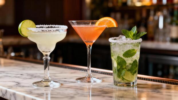 Three refreshing chilled cocktails garnished and displayed upon a polished stone bar surface photo