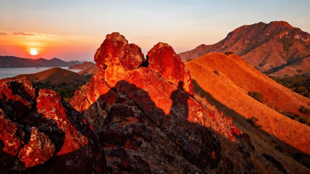 Rugged mountainous landscape illuminated by the warm glow of a setting sun over the water. photo