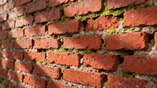 Weathered red brick wall texture shows patches of green growth illuminated by strong sunlight. photo