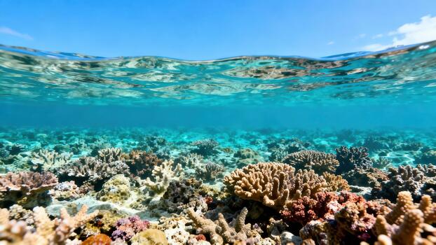 Underwater split level view captures vibrant shallow coral reef ecosystem beneath clear blue ocean surface photo