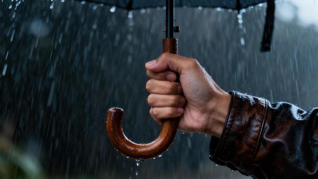 Person firmly grips a wooden handle of an open canopy shielding against heavy rainfall photo
