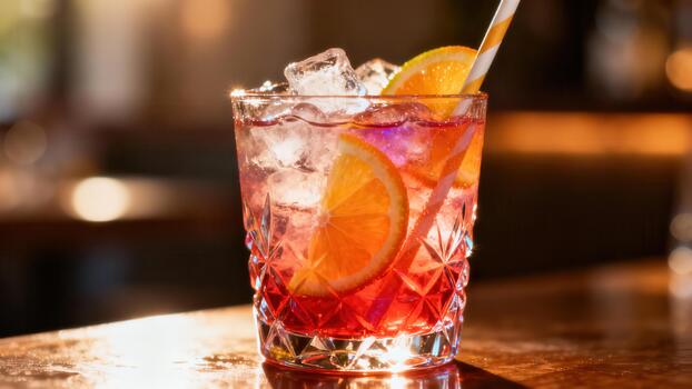 Vibrant chilled cocktail garnished with citrus slices rests upon a wooden surface in a dimly lit setting photo