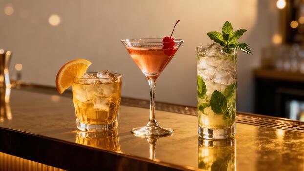 Assortment of three elegantly garnished mixed drinks rest upon a shining metallic bar top photo