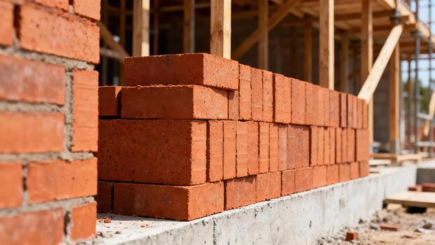 Stacked supply of red building blocks rests on concrete foundation at active construction site photo