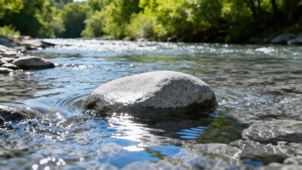 Smooth gray stone rests partially submerged in shallow, sunlit flowing river water photo