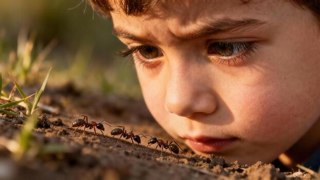 joven niño intensamente observa un línea de insectos atravesando el suelo superficie foto