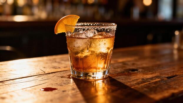 Refreshing iced cocktail glass with citrus garnish sits on a rustic wooden bar surface photo