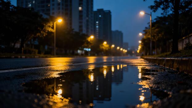 Illuminated street scene reflects in a large puddle after heavy rainfall at dusk photo
