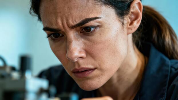 Female technician intensely examines complex machinery with focused concentration in a laboratory setting photo