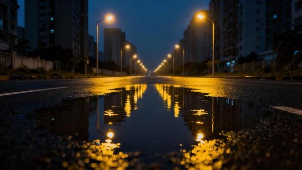 Rows of illuminated streetlights reflect vividly in a roadside puddle at twilight. photo