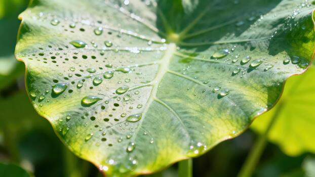 Numerous water droplets rest upon the surface of a large, variegated tropical leaf. photo