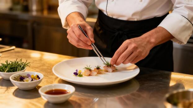 Culinary professional meticulously arranges delicate food components on a pristine white plate photo