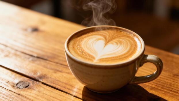 Steaming cup of freshly prepared beverage with delicate foam artwork rests upon a rustic wooden surface photo