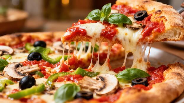 rebanada de recién horneado supremo Pizza levantado demostración largo instrumentos de cuerda de Derretido queso y vistoso coberturas foto