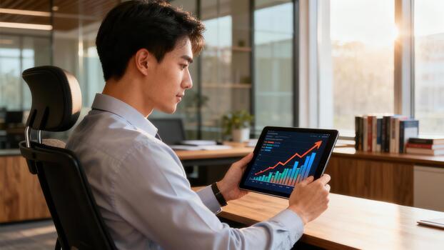 Young professional monitors upward trending business data displayed on a digital tablet device. photo