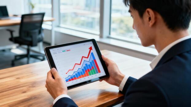 Young professional analyzes rising financial performance data displayed on a portable electronic device photo