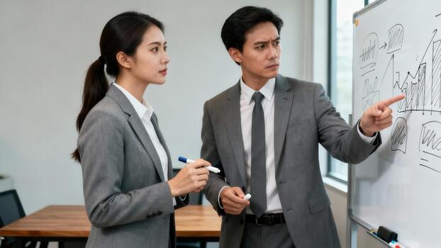 Business colleagues analyze handwritten financial data displayed on a white presentation board photo