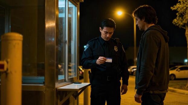 Security officer examines identification card presented by a civilian at a nighttime checkpoint booth photo