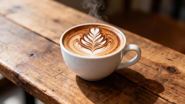 Steaming hot beverage with intricate foam art rests upon a rustic wooden surface photo