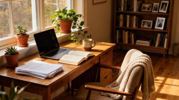 Sunlight illuminates a warm wooden desk set up for work near a bright window photo
