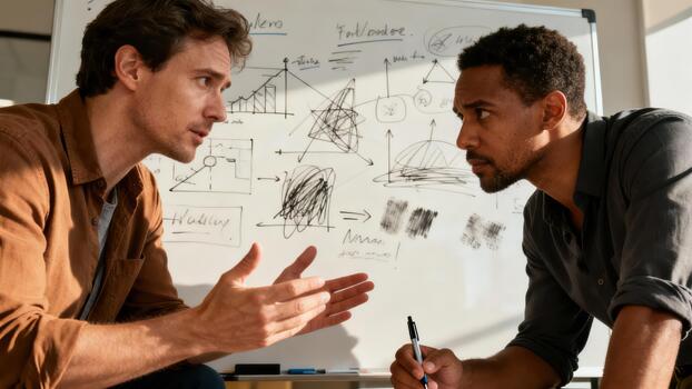 Two colleagues engage in an intense discussion while analyzing diagrams on a whiteboard. photo