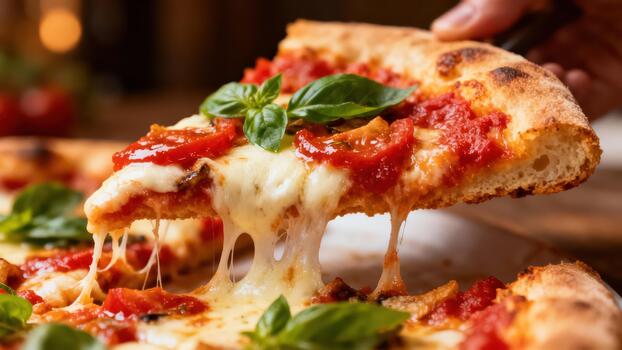 Hand lifting a slice of freshly baked pizza exhibiting long strings of melted cheese and vibrant toppings photo
