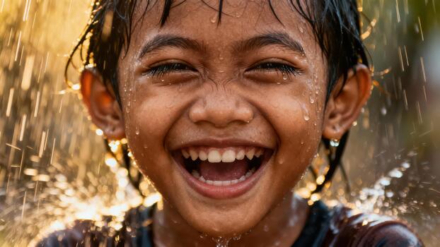 Joyful child with wet hair laughs brightly under splashing water with golden backlight photo