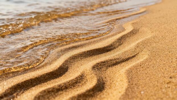 Golden wet sand displays rhythmic wave patterns where clear water recedes photo