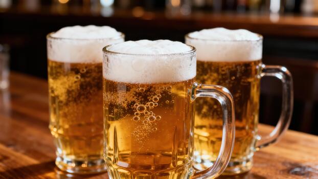 Three frosty mugs overflowing with golden lager topped with thick white foam rest on a wooden surface photo