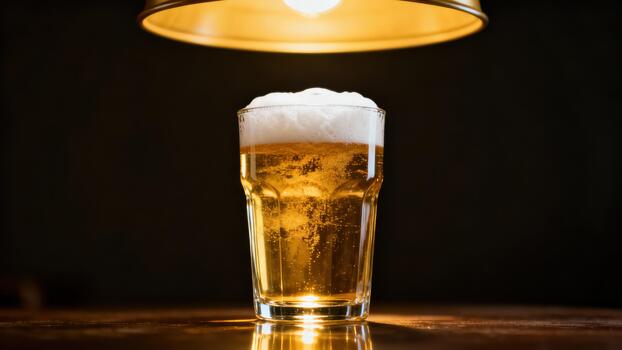 Tall glass filled with golden lager topped with thick white foam sits illuminated beneath a warm light source photo