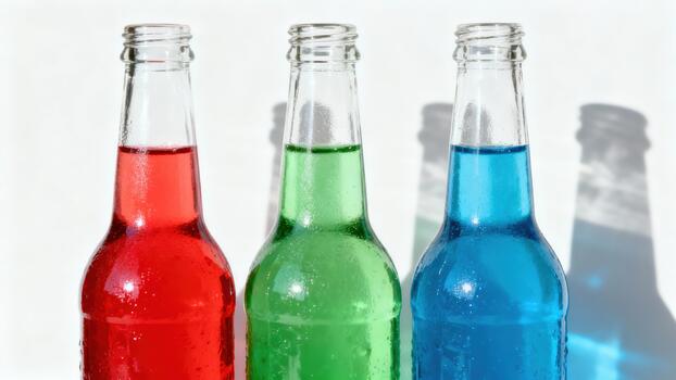 Three glass beverage bottles filled with vividly colored liquids stand in a row photo
