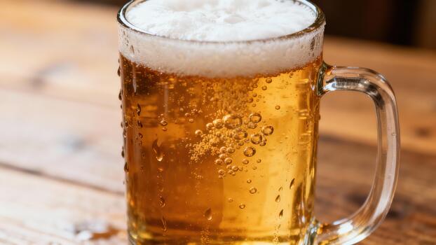 Chilled glass mug overflowing with frothy, bubbly golden beverage rests on a wooden surface photo