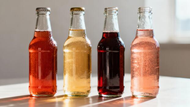 Four chilled glass bottles containing different colored carbonated beverages line up on a light surface. photo