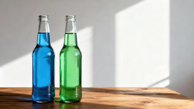 Two colorful glass beverage bottles stand on a wooden surface against a bright wall with shadow patterns photo