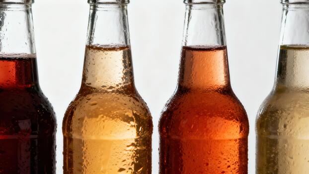 Row of chilled glass bottles containing various colored beverages displayed against a bright backdrop photo