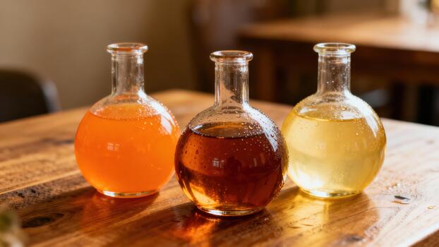 Three round glass flasks containing brightly colored liquids rest on a wooden surface photo