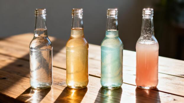Four open glass beverage containers displaying shimmering liquid contents sit upon a wooden surface illuminated by sunlight photo