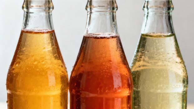 Three glass bottles containing assorted carbonated beverages stand side by side photo