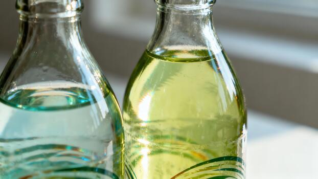 Two clear glass bottles containing liquids of distinct colors stand side by side in bright natural light. photo