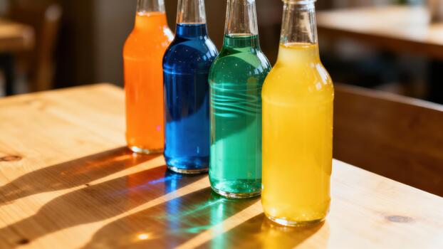 Four brightly colored glass bottles of carbonated beverage sit in a row on a wooden table photo
